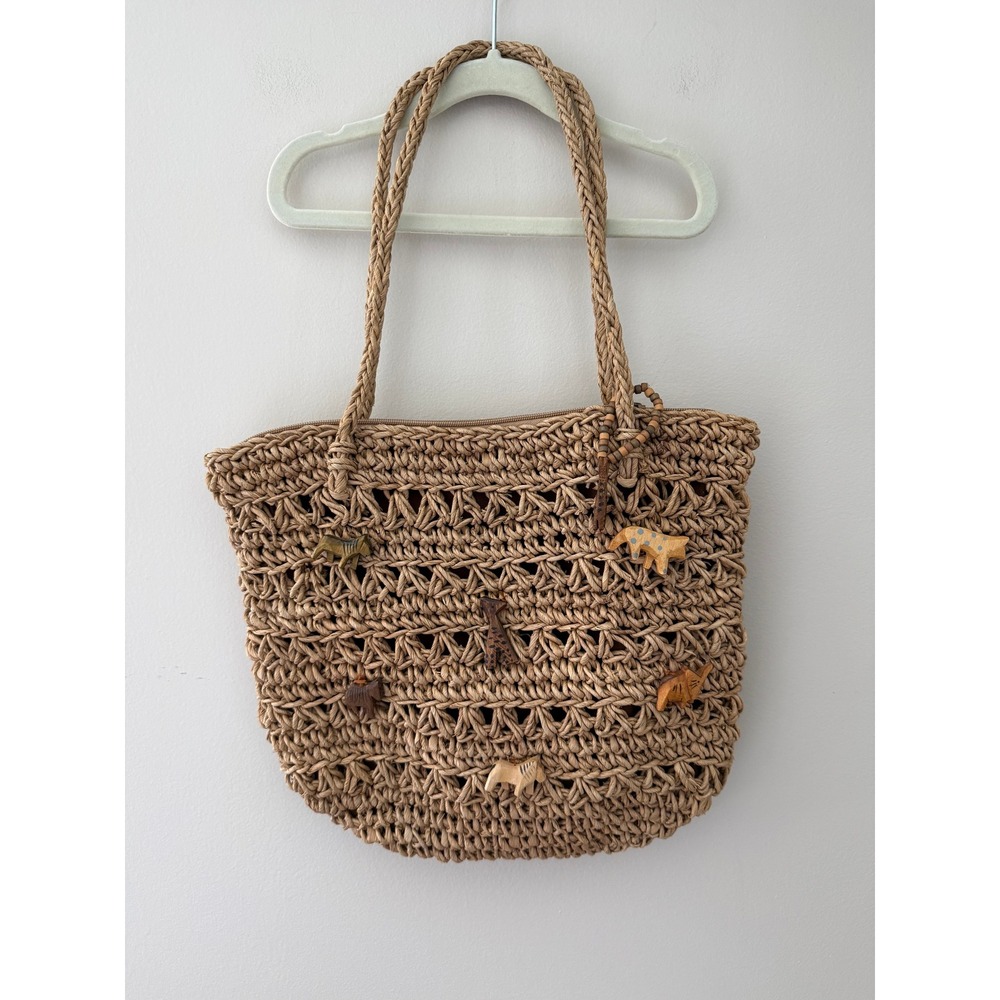 St Johns Bay Woven Straw Safari Animal Tote Bag Tan Crochet Shoulder Bag Zipper